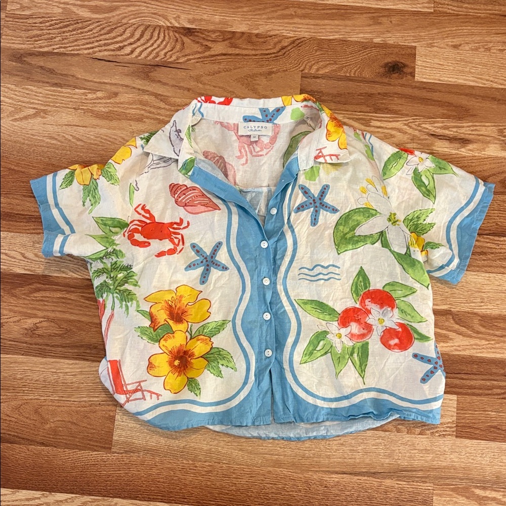 Calypso St Barth Women's Medium Blue Button Up Linen Blend Coastal Print Relax